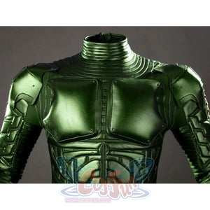Green Goblin Norman Osborn cosplay costume chest detail centers metallic green pectoral armor and abdomen lines.