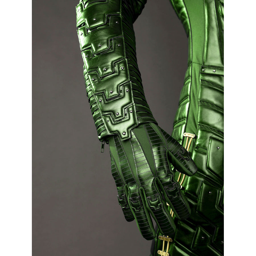 Green Goblin Norman Osborn cosplay costume forearm detail layers angular green panels down the sleeve.