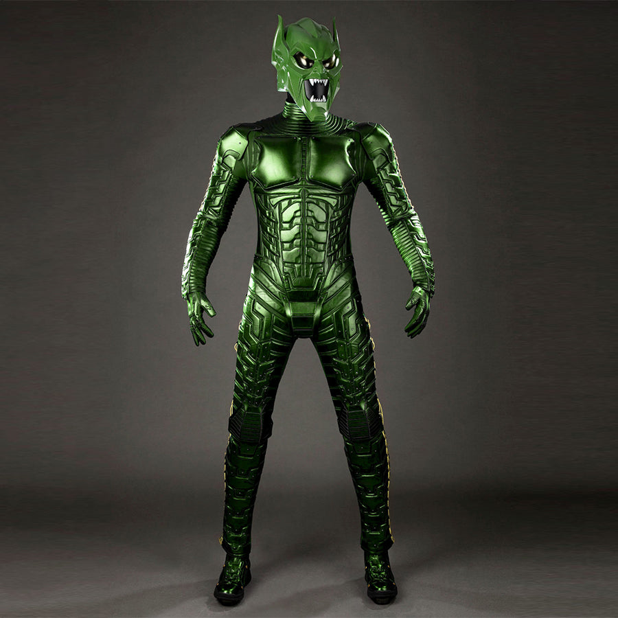 COSFUN Green Goblin Norman Osborn cosplay costume front view layers metallic green armor over a dark bodysuit.
