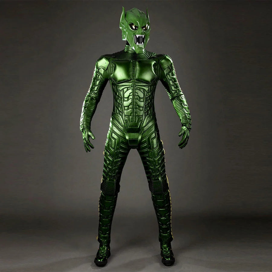 COSFUN Green Goblin Norman Osborn cosplay costume front view layers metallic green armor over a dark bodysuit.