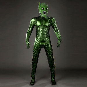 COSFUN Green Goblin Norman Osborn cosplay costume front view layers metallic green armor over a dark bodysuit.