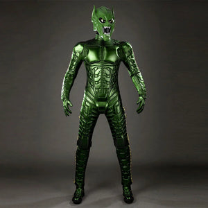 COSFUN Green Goblin Norman Osborn cosplay costume front view layers metallic green armor over a dark bodysuit.