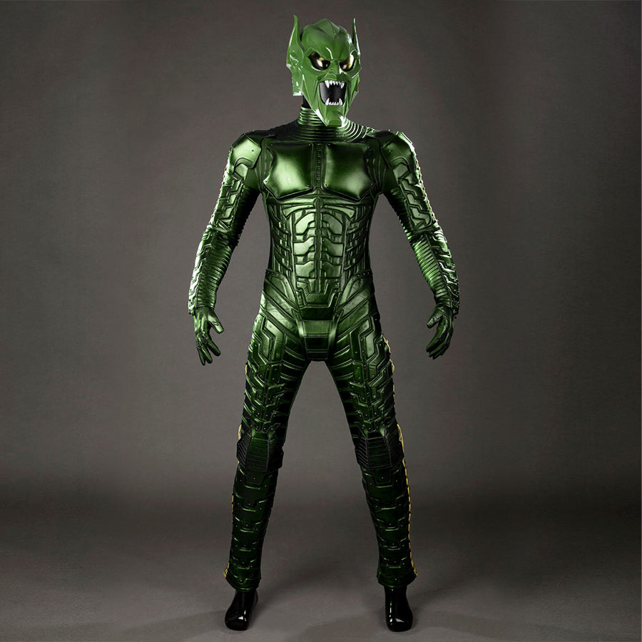 Green Goblin Norman Osborn cosplay costume front look pairs the helmet with metallic torso armor.