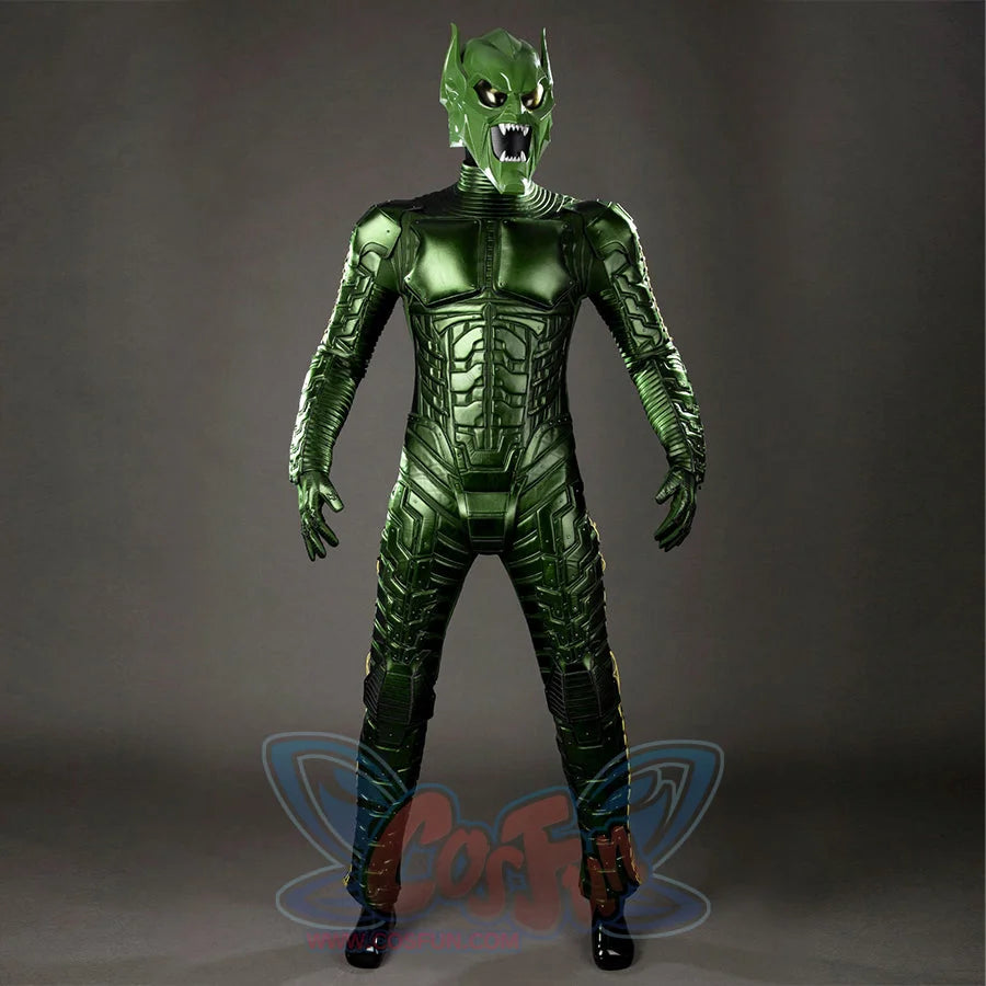 Green Goblin Norman Osborn cosplay costume front look pairs the helmet with metallic torso armor.