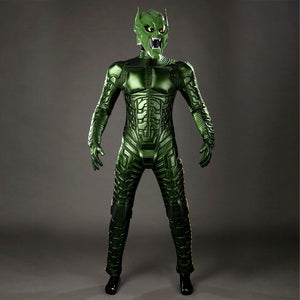 Green Goblin Norman Osborn cosplay costume front look pairs the helmet with metallic torso armor.
