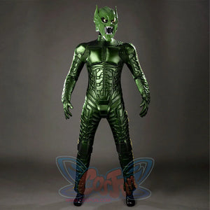 Green Goblin Norman Osborn cosplay costume front look pairs the helmet with metallic torso armor.