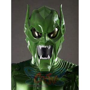 Green Goblin Norman Osborn cosplay costume portrait view frames the helmet above ribbed collar armor.
