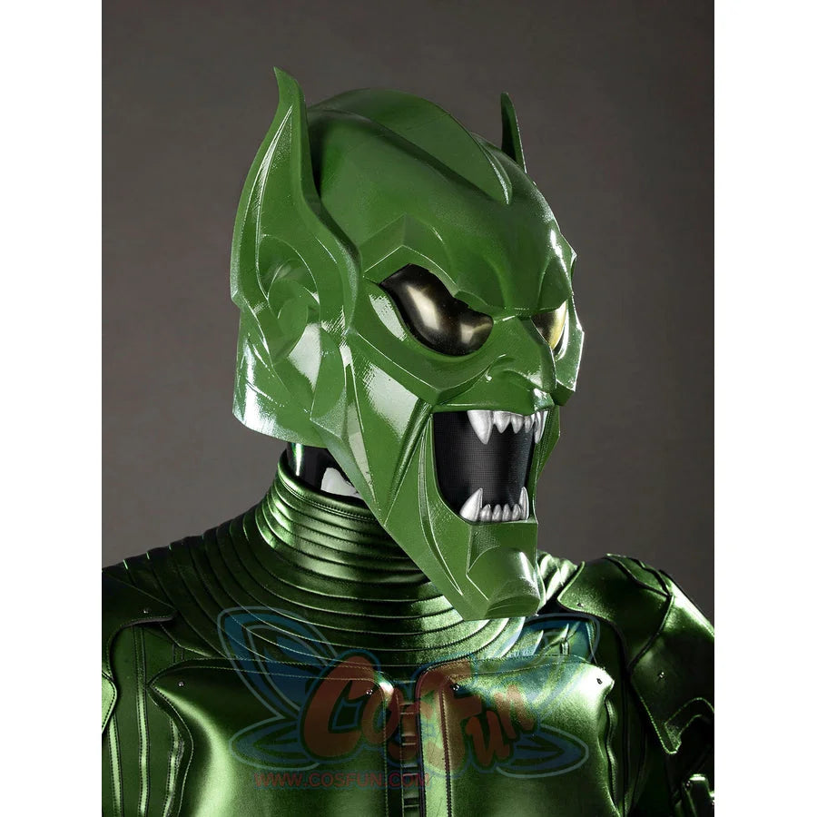Green Goblin Norman Osborn cosplay costume helmet side detail angles the jaw over ribbed neck armor.