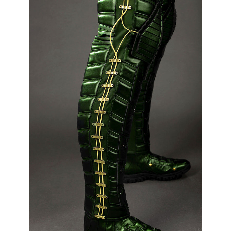 Green Goblin Norman Osborn cosplay costume leg detail tracks gold-tone lacing beside green shin armor.
