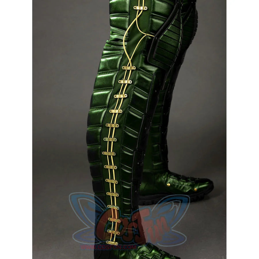 Green Goblin Norman Osborn cosplay costume leg detail tracks gold-tone lacing beside green shin armor.
