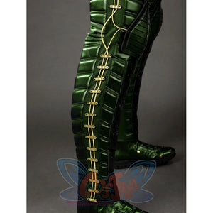 Green Goblin Norman Osborn cosplay costume leg detail tracks gold-tone lacing beside green shin armor.