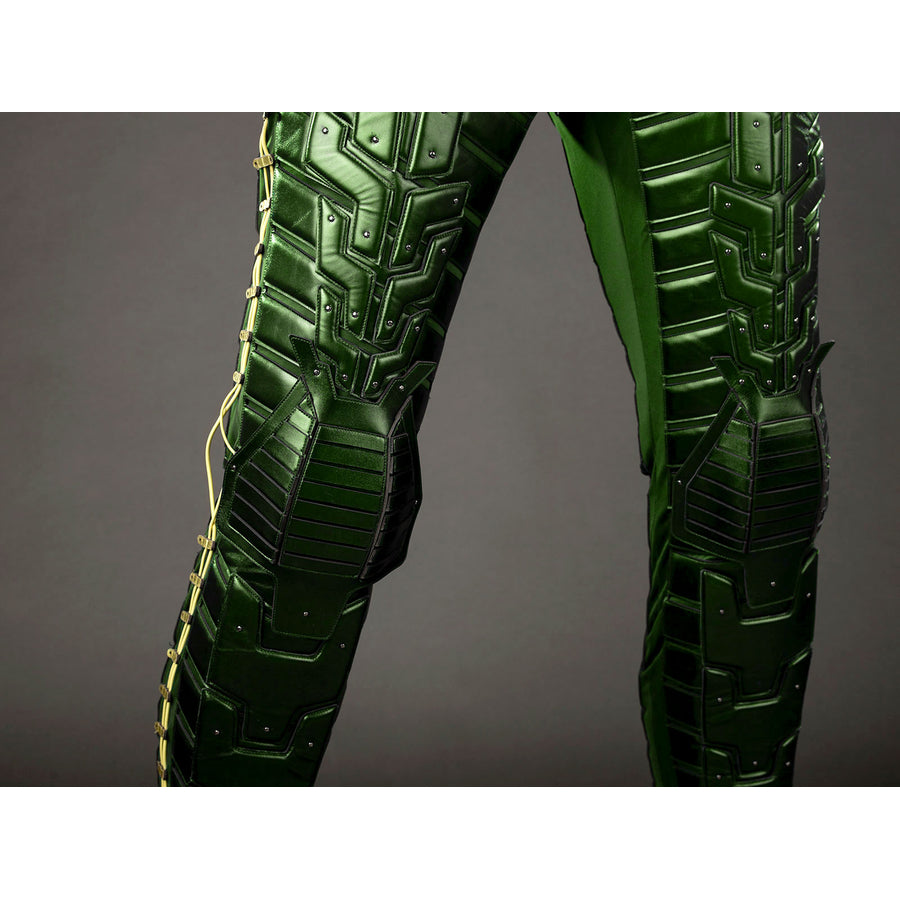 Green Goblin Norman Osborn cosplay costume leg panel detail stacks ribbed armor across both legs.