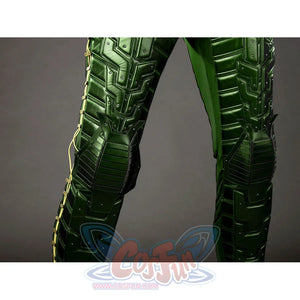 Green Goblin Norman Osborn cosplay costume leg panel detail stacks ribbed armor across both legs.
