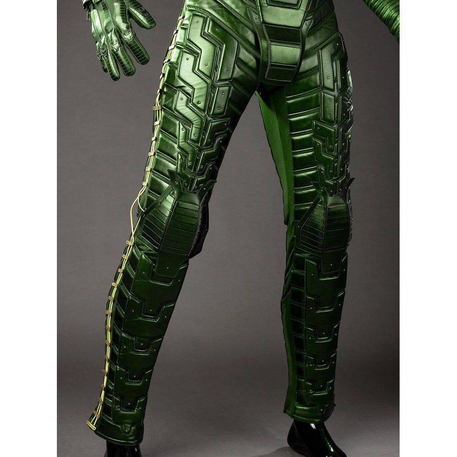 Green Goblin Norman Osborn cosplay costume lower leg view aligns green shin panels toward the ankle edge.