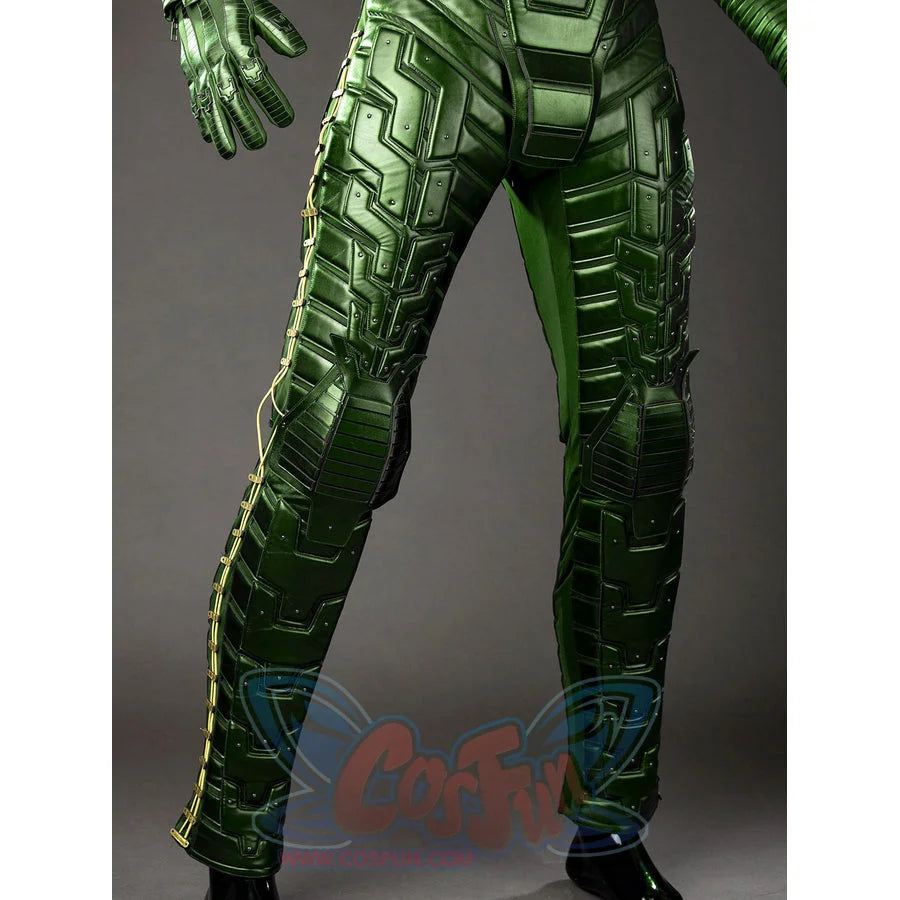 Green Goblin Norman Osborn cosplay costume lower leg view aligns green shin panels toward the ankle edge.