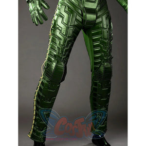 Green Goblin Norman Osborn cosplay costume lower leg view aligns green shin panels toward the ankle edge.