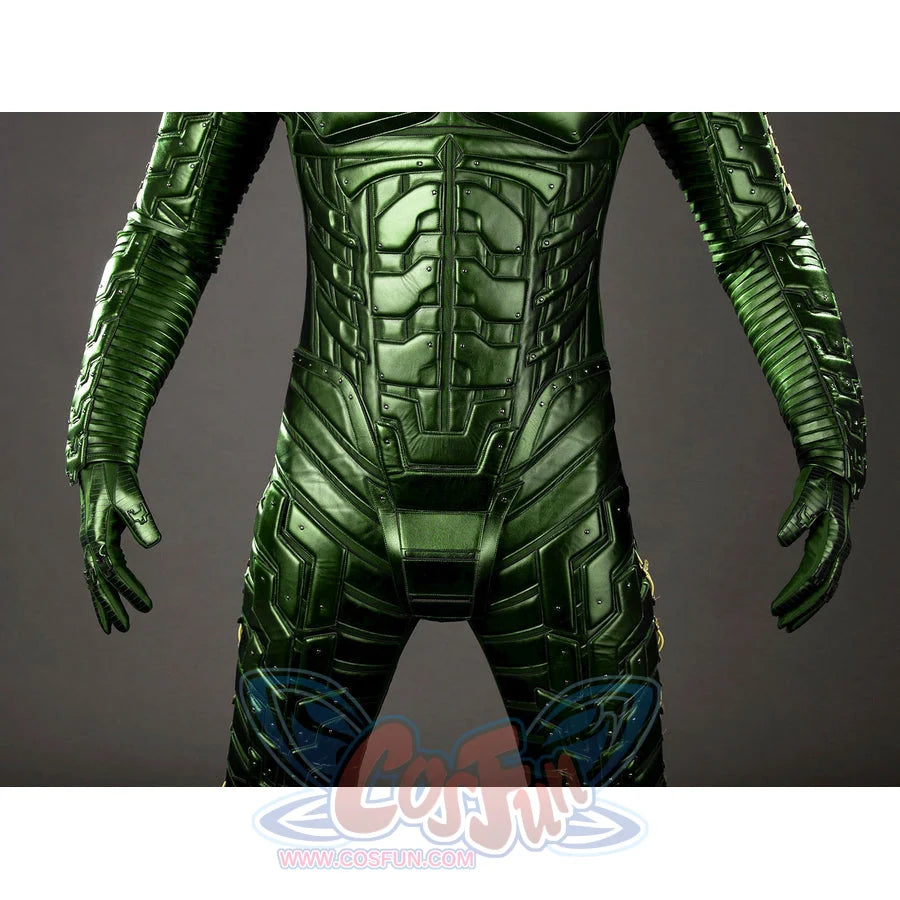 Green Goblin Norman Osborn cosplay costume lower torso view connects abdomen armor to ribbed leg panels.
