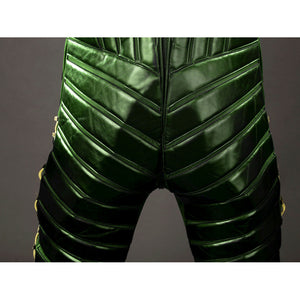 Green Goblin Norman Osborn cosplay costume rear leg detail stacks ribbed green panels below the waist.