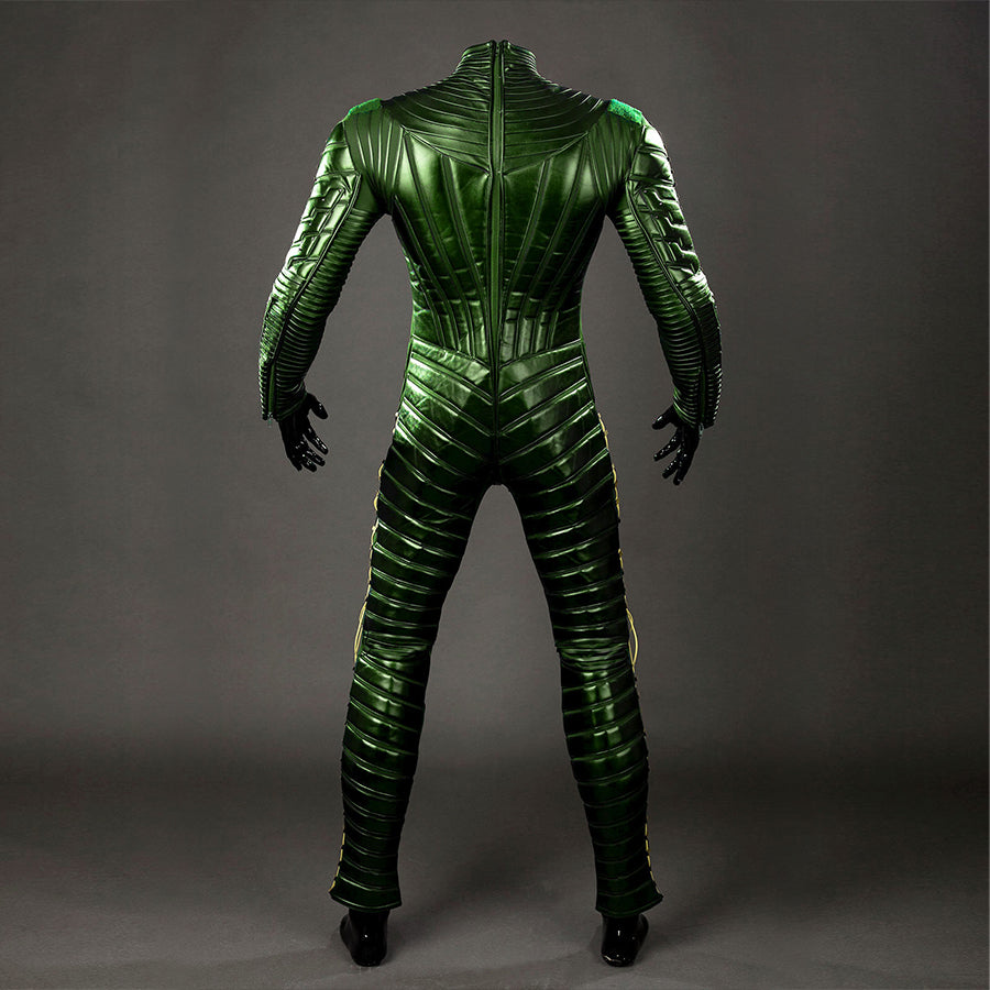 Green Goblin Norman Osborn cosplay costume rear view follows black zipper trim through the green back panels.