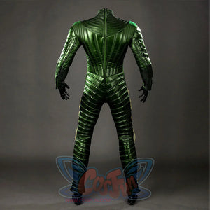Green Goblin Norman Osborn cosplay costume rear view follows black zipper trim through the green back panels.