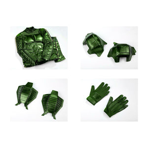 Green Goblin Norman Osborn cosplay costume flat lay gathers green armor pieces and black gloves.