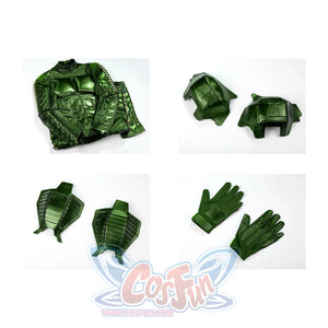 Green Goblin Norman Osborn cosplay costume flat lay gathers green armor pieces and black gloves.