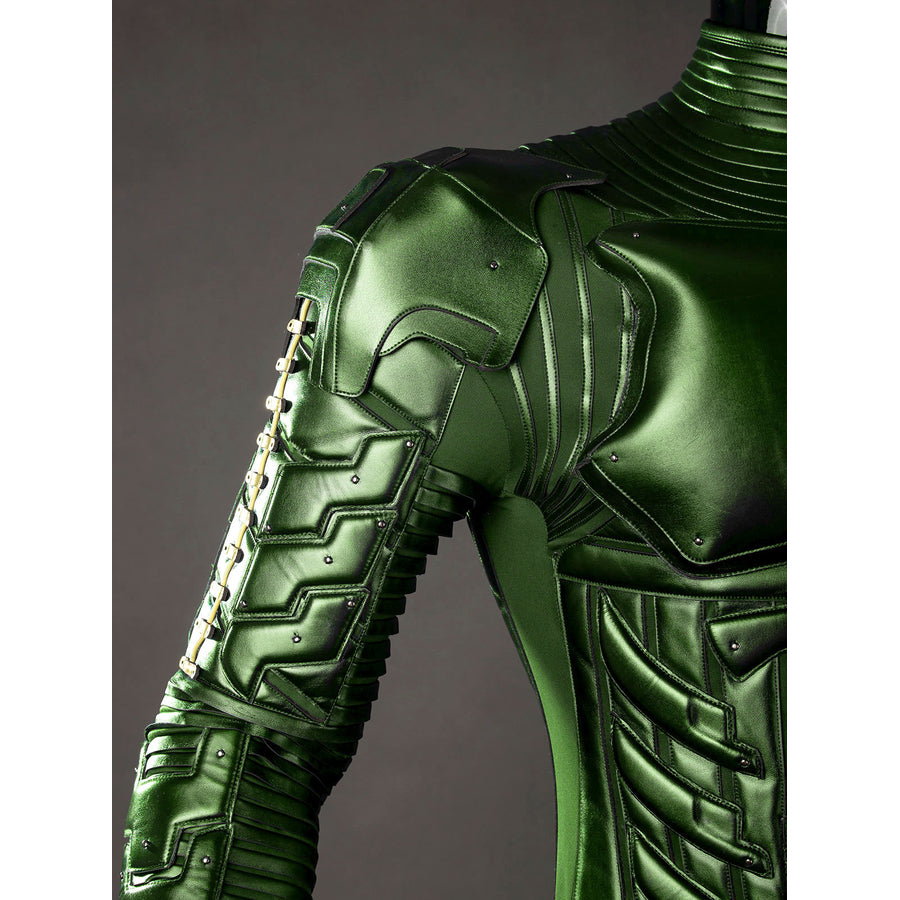 Green Goblin Norman Osborn cosplay costume shoulder detail layers rounded green armor over the sleeve.