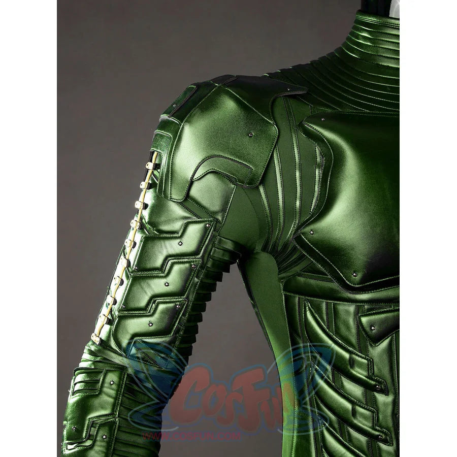 Green Goblin Norman Osborn cosplay costume shoulder detail layers rounded green armor over the sleeve.