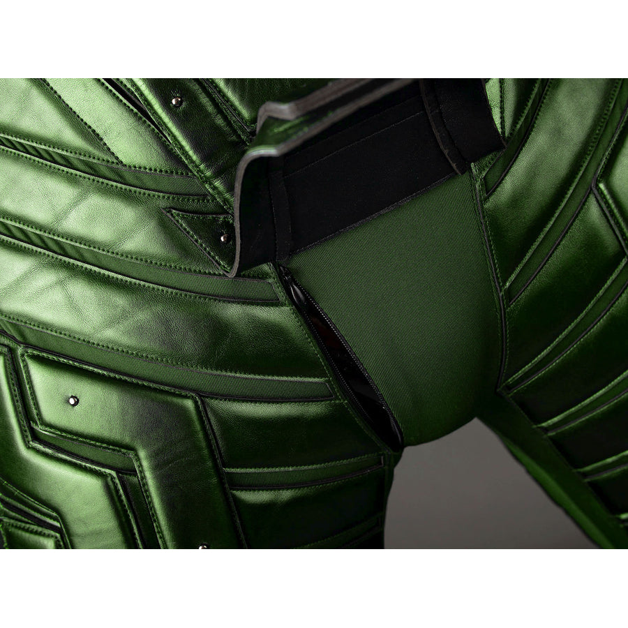 Green Goblin Norman Osborn cosplay costume side detail curves green shoulder armor over dark underarm fabric.