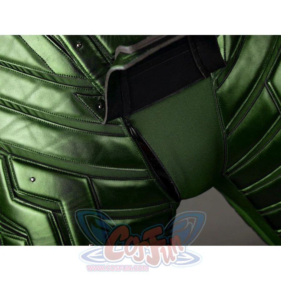 Green Goblin Norman Osborn cosplay costume side detail curves green shoulder armor over dark underarm fabric.