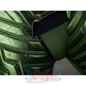 Green Goblin Norman Osborn cosplay costume side detail curves green shoulder armor over dark underarm fabric.