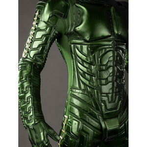 Green Goblin Norman Osborn cosplay costume side torso detail runs green armor from shoulder to waist.