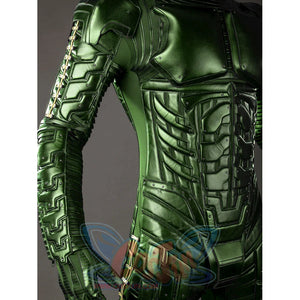 Green Goblin Norman Osborn cosplay costume side torso detail runs green armor from shoulder to waist.