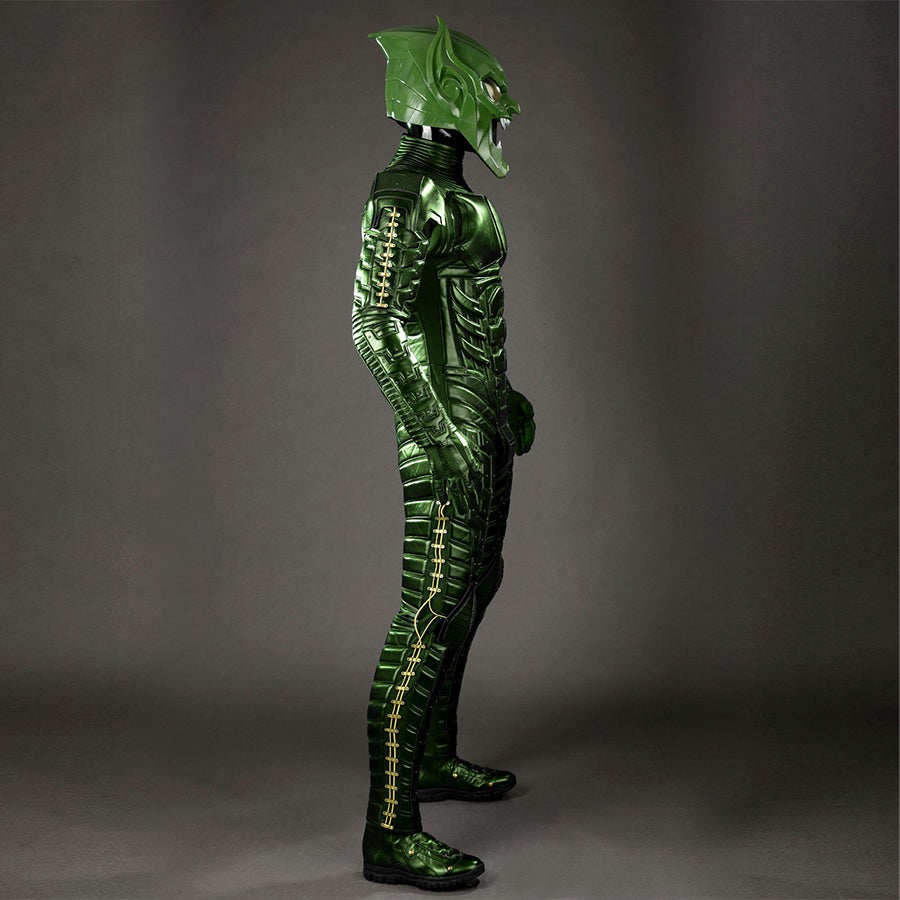 Green Goblin Norman Osborn cosplay costume side view traces ribbed green panels from shoulder to ankle.