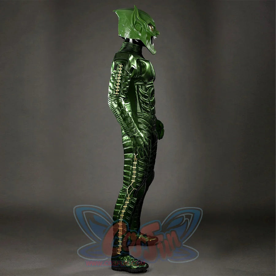 Green Goblin Norman Osborn cosplay costume side view traces ribbed green panels from shoulder to ankle.