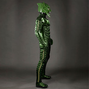 Green Goblin Norman Osborn cosplay costume side view traces ribbed green panels from shoulder to ankle.