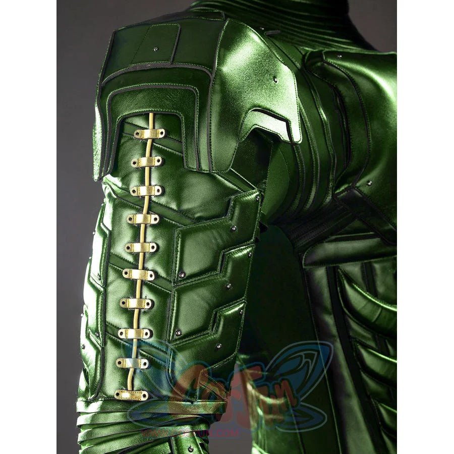 Green Goblin Norman Osborn cosplay costume sleeve detail sets gold-tone lacing beside green panels.
