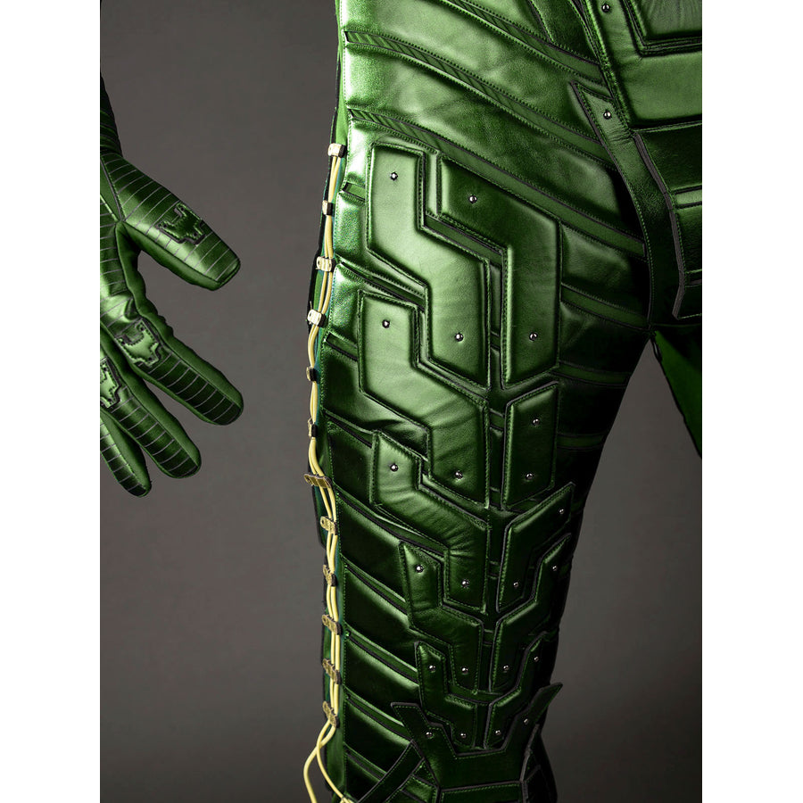 Green Goblin Norman Osborn cosplay costume thigh detail layers angular green plates along the leg.