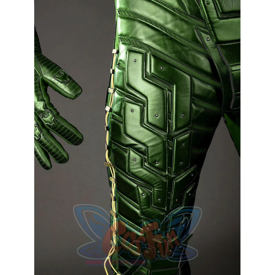 Green Goblin Norman Osborn cosplay costume thigh detail layers angular green plates along the leg.