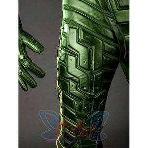 Green Goblin Norman Osborn cosplay costume thigh detail layers angular green plates along the leg.