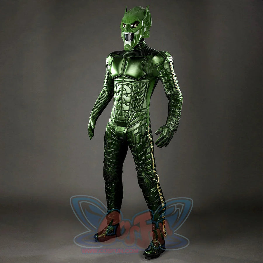 Green Goblin Norman Osborn cosplay costume three-quarter view sets green armor through the torso and legs.