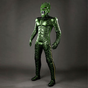 Green Goblin Norman Osborn cosplay costume three-quarter view sets green armor through the torso and legs.