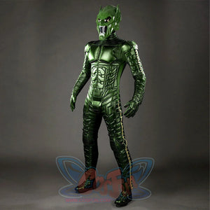 Green Goblin Norman Osborn cosplay costume three-quarter view sets green armor through the torso and legs.
