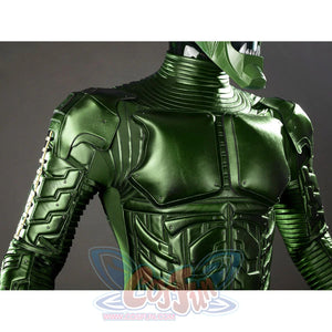 Green Goblin Norman Osborn cosplay costume upper torso detail sets broad chest armor below ribbed collar.