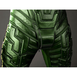 Green Goblin Norman Osborn cosplay costume waist detail frames layered green hip armor and dark center panel.
