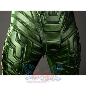 Green Goblin Norman Osborn cosplay costume waist detail frames layered green hip armor and dark center panel.