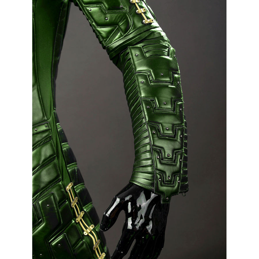 Green Goblin Norman Osborn cosplay costume wrist detail links black glove fabric to green sleeve armor.