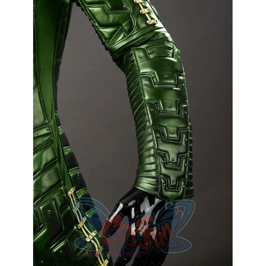 Green Goblin Norman Osborn cosplay costume wrist detail links black glove fabric to green sleeve armor.