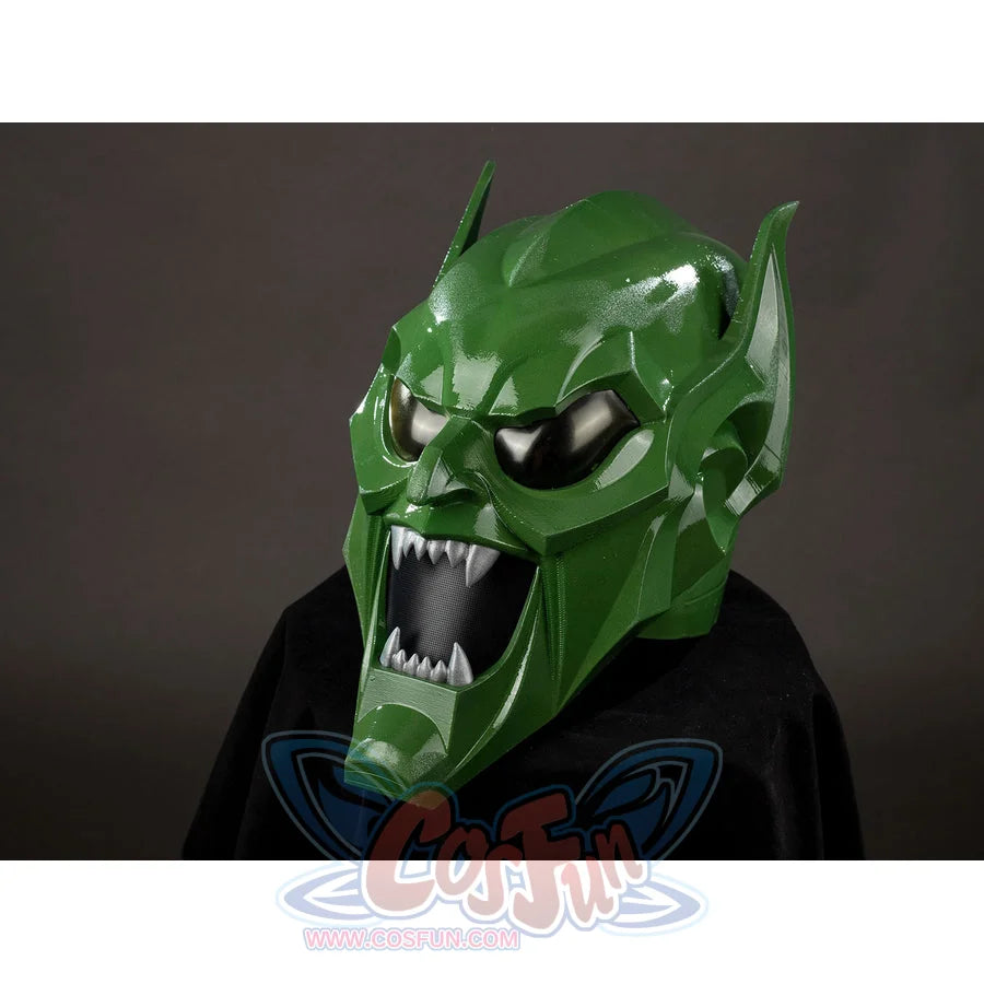 COSFUN Green Goblin Norman Osborn cosplay helmet front view frames green armor around dark eyes and sharp teeth.