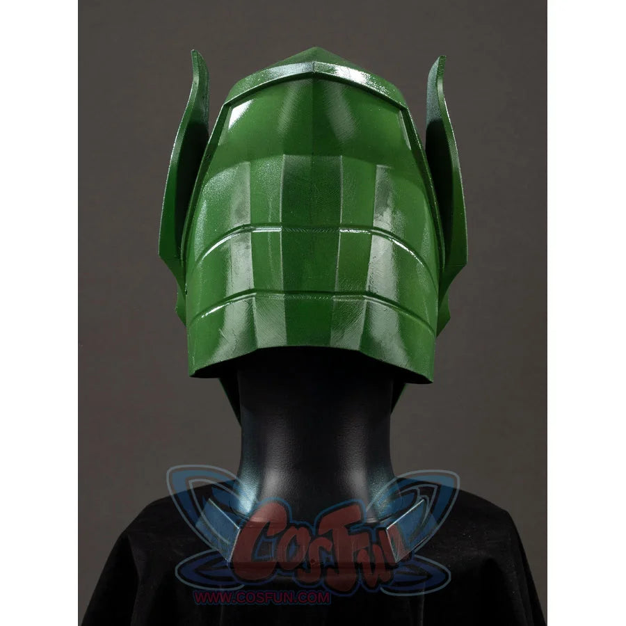 Green Goblin Norman Osborn cosplay helmet back view stacks segmented green plates above the neck edge.